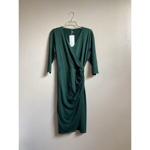 Berydress Women Wrap Dress 3/4 Sleeve Faux Wrap Dark Green Classic Career Sz XL